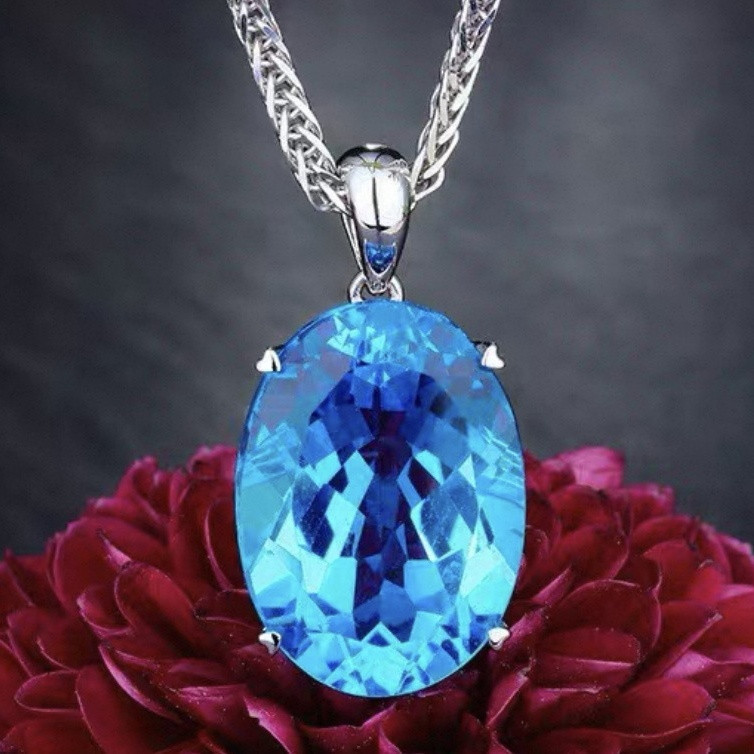 Aquamarine Blue Oval Pendant Necklace — Swiss-Cut Topaz Halo