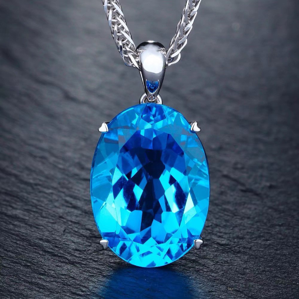 Aquamarine Blue Oval Pendant Necklace — Swiss-Cut Topaz Halo - Image 2