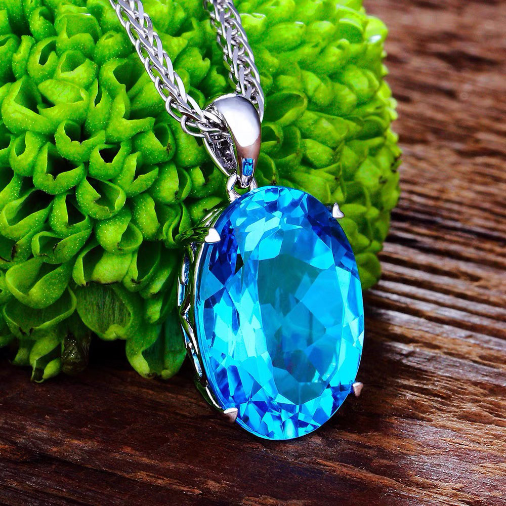 Aquamarine Blue Oval Pendant Necklace — Swiss-Cut Topaz Halo - Image 3