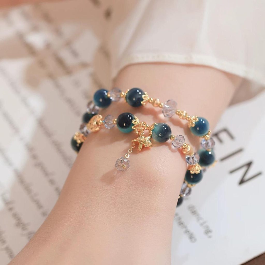Layered Star & Moon Blue Crystal Bracelet — Two-Stack Beaded Cuff