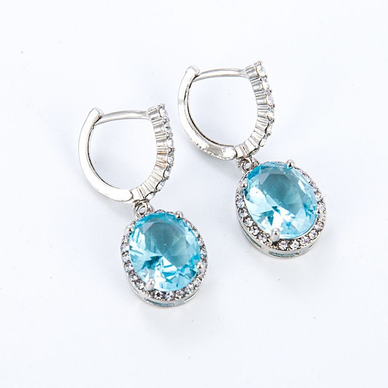Oval Blue Topaz Zircon Earrings — Micro-Pave Drop Elegance